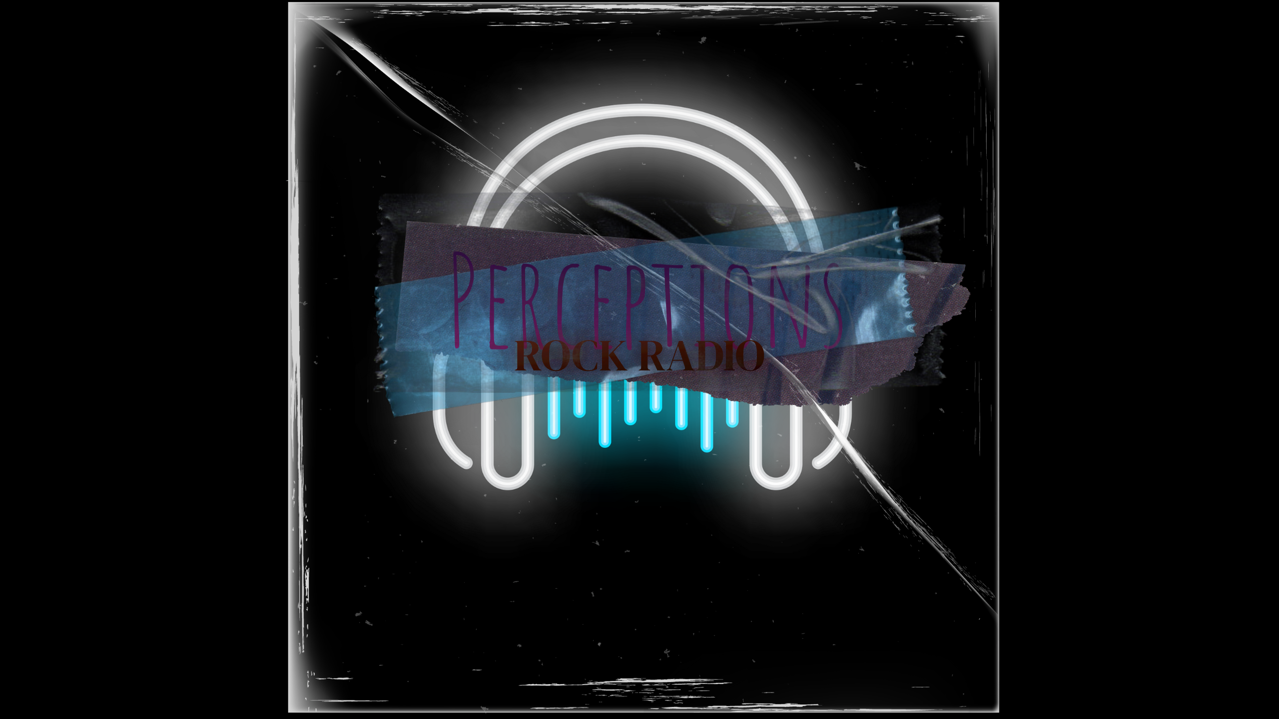 picture of neon headphones that has purple and red letters that reads Perceptions rock radio