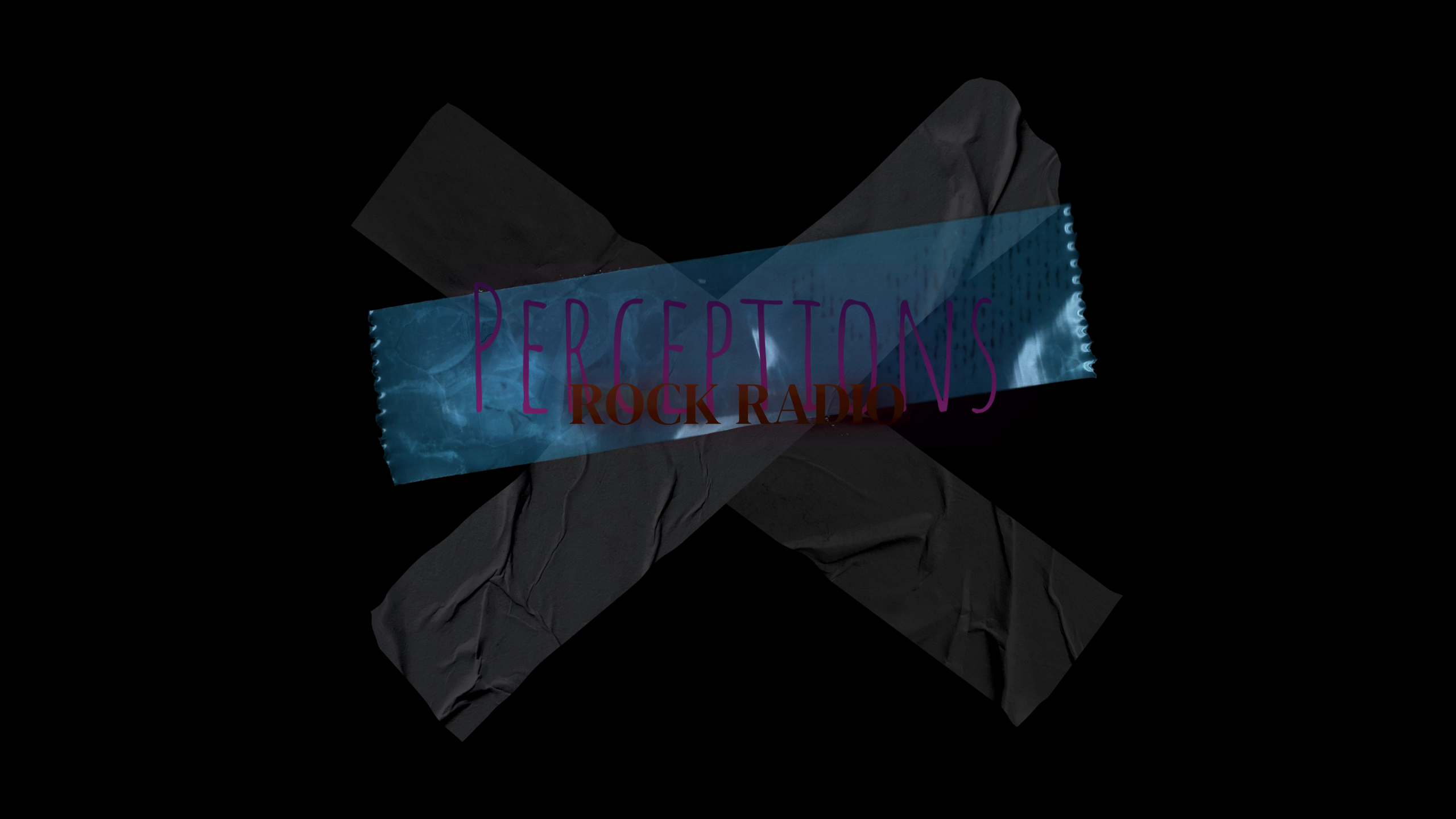 black duct tape making a X that has purple letters that  reads perceptions rock radio
