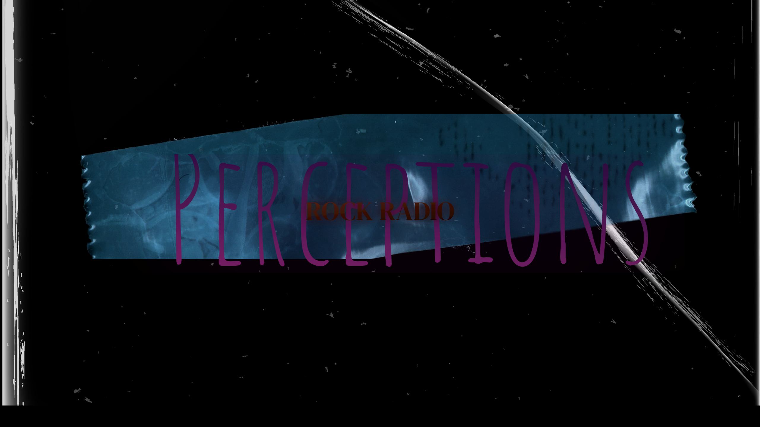 A logo with duct tape that says Perceptions in purple letters with red letters that reads rock Radio
