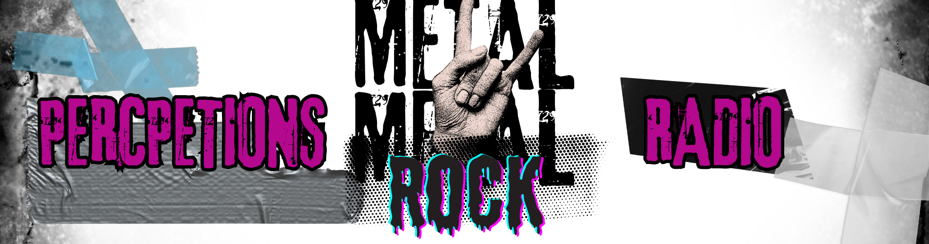 Perceptions Rock Radio banner with hand giving devils horn with perceptions logo in purple